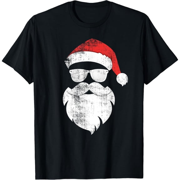 Premium model-Unisex-100% cotton-Funny Hipster Santa Face With Hat Beard & Glasses Christmas T-Shirt