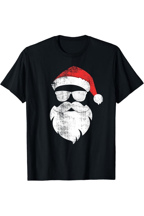 Premium model-Unisex-100% cotton-Funny Hipster Santa Face With Hat Beard & Glasses Christmas T-Shirt