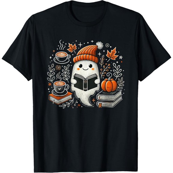 Premium model-Unisex-100% cotton-Ghost Reading Book Pumpkin Coffee Autumn Leaves Fall Spirit T-Shirt