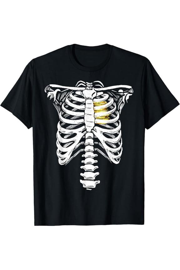 Premium model-Unisex-100% cotton-Gold Heart Skeleton Rib Cage Love Heart Of Gold Skeleton T-Shirt