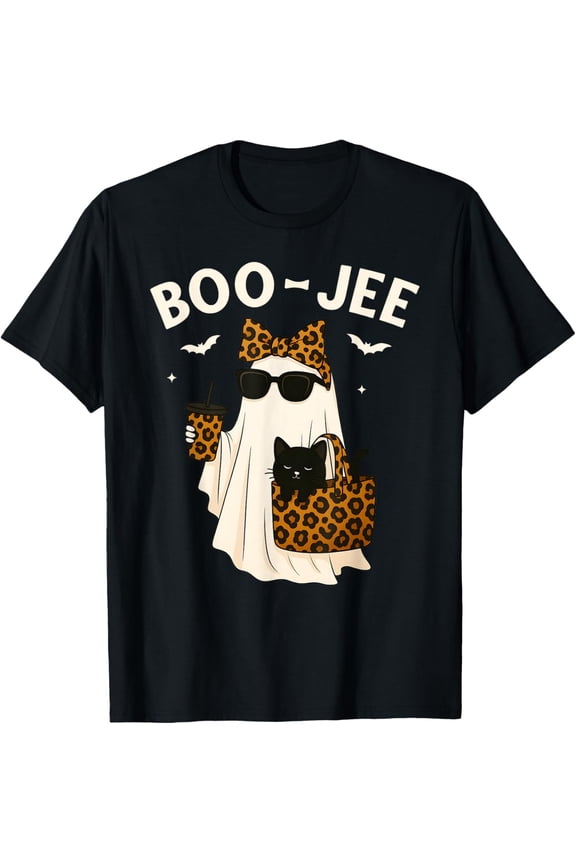 Premium model-Unisex-100% cotton-Halloween Boo JEE Cute Leopard Ghost Coffee Boujee Women T-Shirt