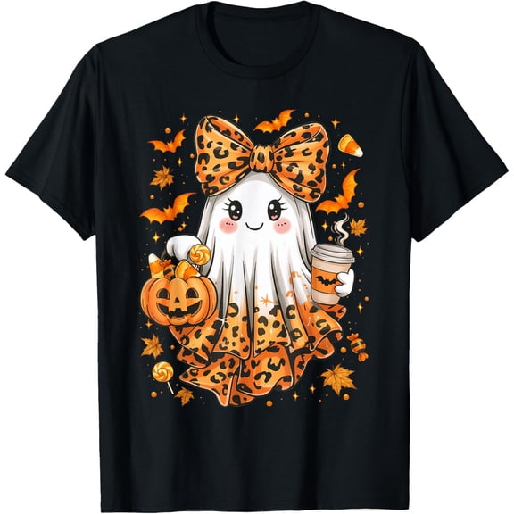 Premium model-Unisex-100% cotton-Leopard Ghost Drinking Coffee Halloween Ghost Coffee Women T-Shirt