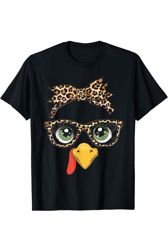 Premium model-Unisex-100% cotton-Leopard Print Thanksgiving Turkey Face Glasses Women Girls T-Shirt