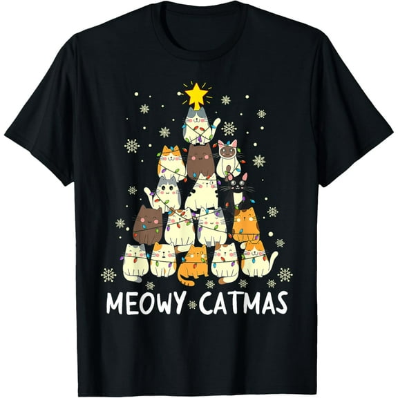 Premium model-Unisex-100% cotton-Meowy Catmas Cat Christmas Tree Xmas Girls Boys Funny Santa T-Shirt