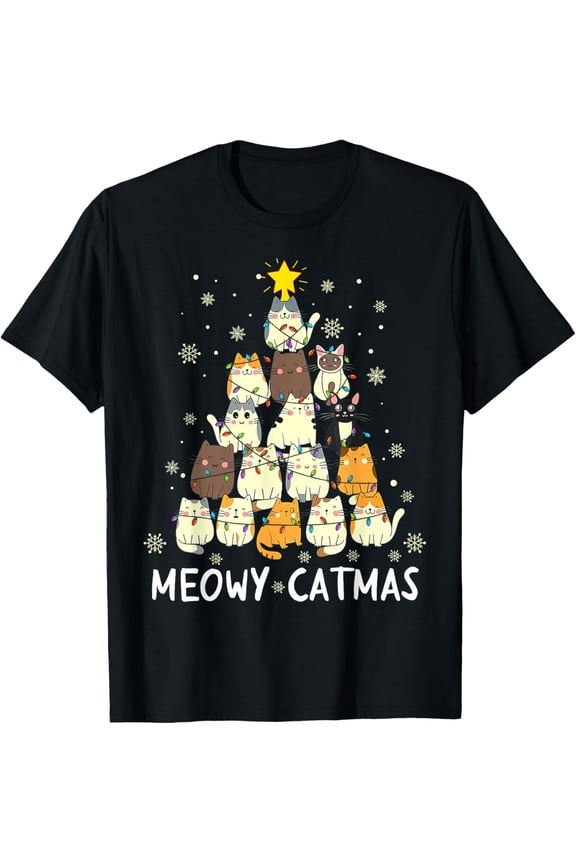 Premium model-Unisex-100% cotton-Meowy Catmas Cat Christmas Tree Xmas Girls Boys Funny Santa T-Shirt
