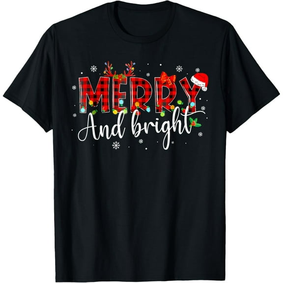 Premium model-Unisex-100% cotton-Merry And Bright Christmas Xmas Lights Family Pajama Holiday T-Shirt