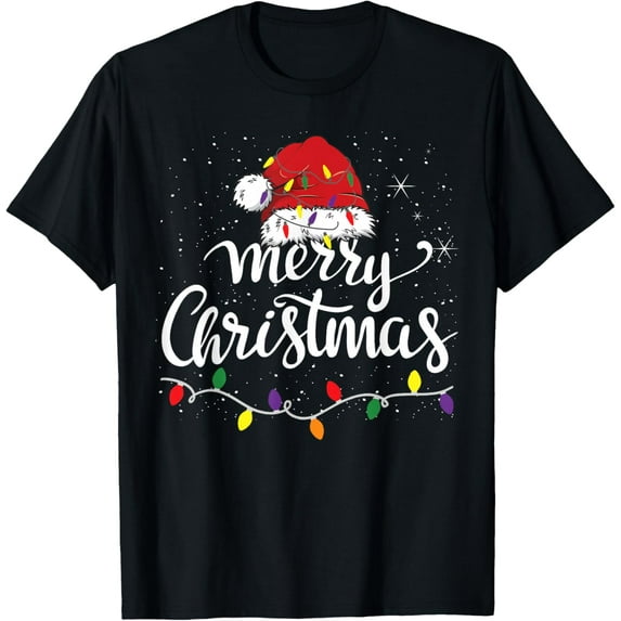 Premium model-Unisex-100% cotton-Merry Christmas Lights Red Santa Hat Xmas Family Men Women T-Shirt