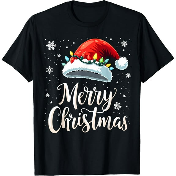 Premium model-Unisex-100% cotton-Merry Christmas Lights Red Santa Hat Xmas Family T-Shirt