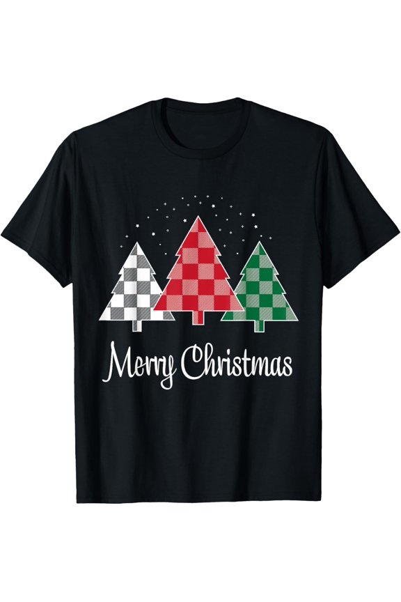 Premium model-Unisex-100% cotton-Merry Christmas Plaid Trees XMAS T-Shirt