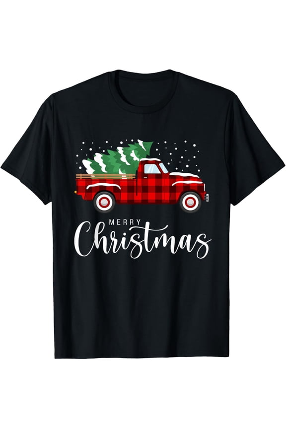 Premium model-Unisex-100% cotton-Merry Christmas Red Truck Buffalo Plaid Xmas Retro Vintage T-Shirt