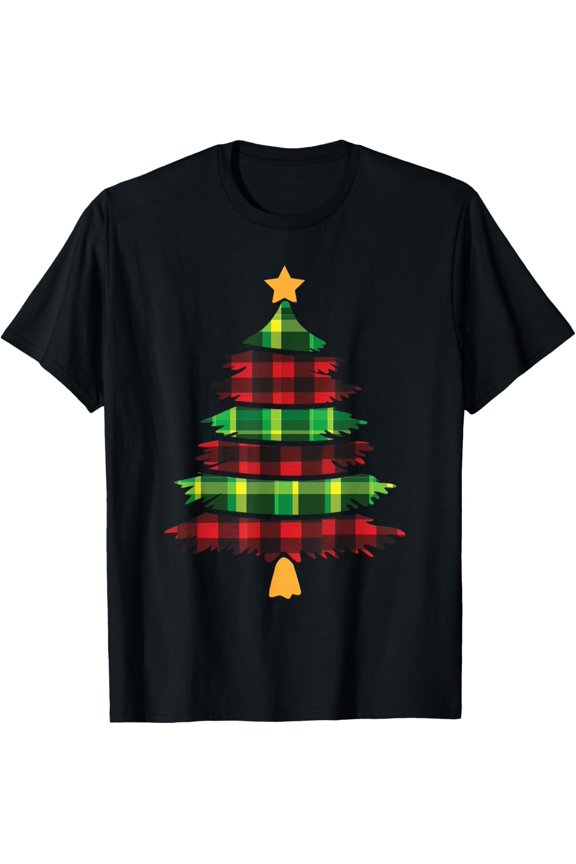 Premium model-Unisex-100% cotton-Merry Christmas Tree Buffalo Plaid Red Green Pine Funny Xmas T-Shirt