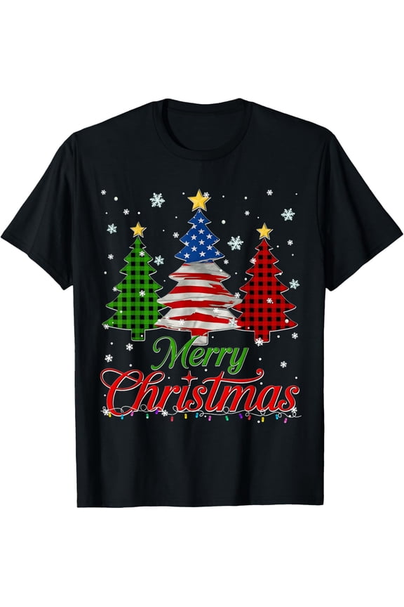 Premium model-Unisex-100% cotton-Merry Christmas Tree Plaid US Flag Snowflake Xmas Men T-Shirt