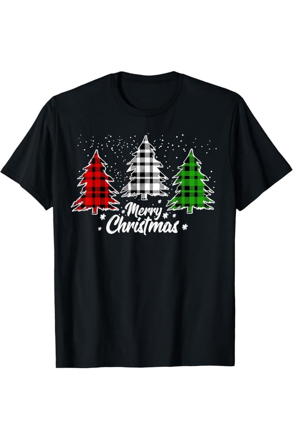 Premium model-Unisex-100% cotton-Merry Christmas Tree Xmas Buffalo Plaid Red White Green T-Shirt