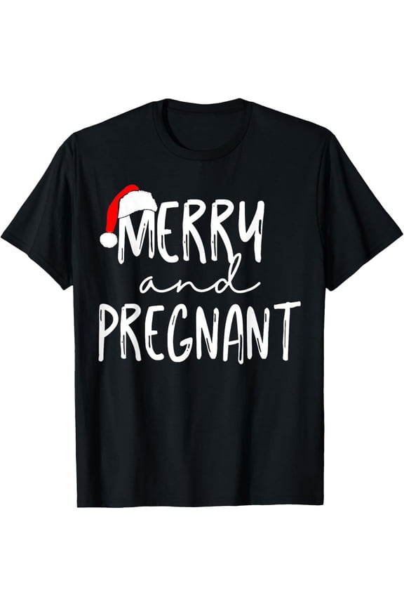 Premium model-Unisex-100% cotton-Merry and Pregnant Santa Hat Xmas Pregnancy Announcement T-Shirt