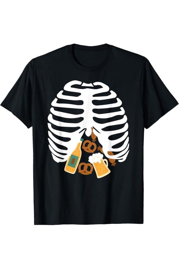 Premium model-Unisex-100% cotton-Oktoberfest Rib Cage Skeleton Funny Skeleton Oktoberfest T-Shirt