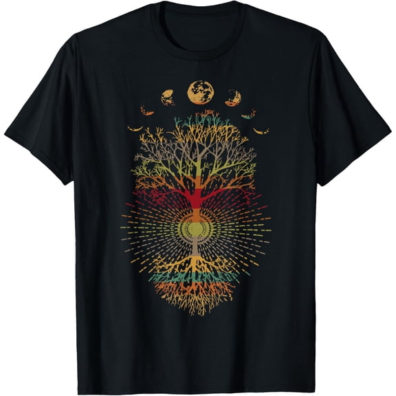 Premium model-Unisex-100% cotton-Phases of the Moon Retro 60's 70's Vibe Tree of Life T-Shirt