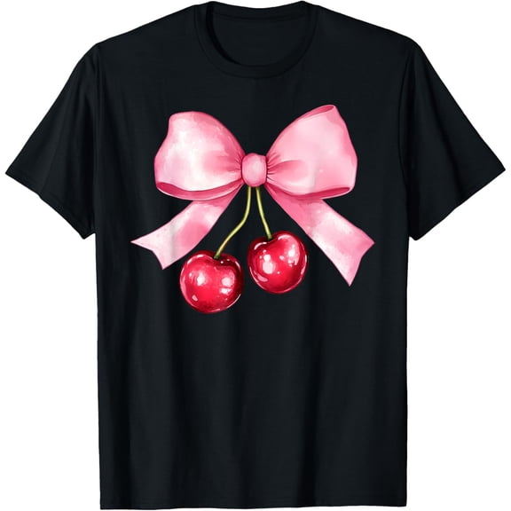 Premium model-Unisex-100% cotton-Pink Coquette Bow Cherry Birthday Cute Women Girls T-Shirt