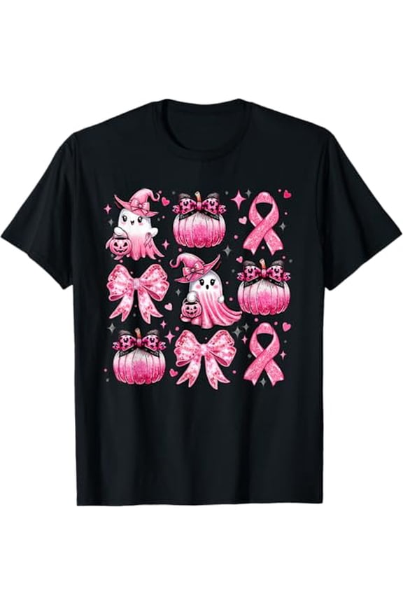 Premium model-Unisex-100% cotton-Pink Ghost Coquette Bow Halloween Breast Cancer Awareness T-Shirt