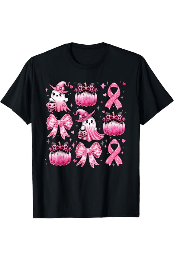 Premium model-Unisex-100% cotton-Pink Ghost Coquette Bow Halloween Breast Cancer Awareness T-Shirt