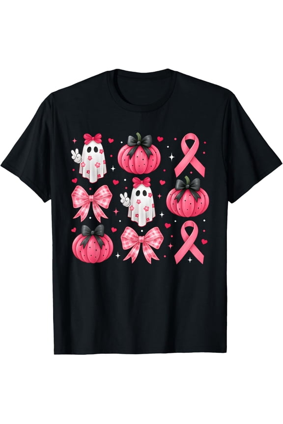 Premium model-Unisex-100% cotton-Pink Ghost Coquette Bow Halloween Breast Cancer Awareness T-Shirt