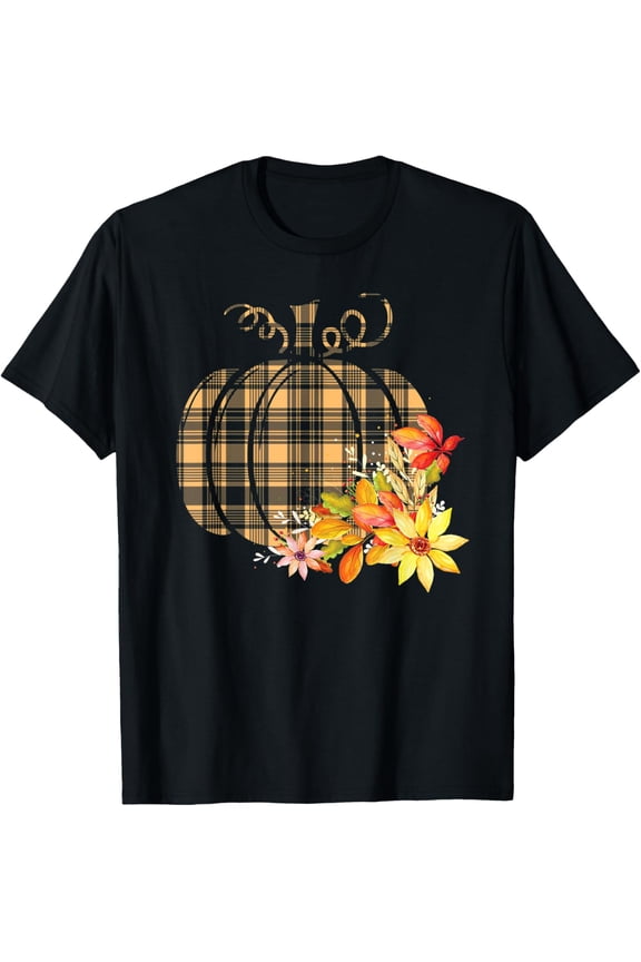Premium model-Unisex-100% cotton-Plaid Pumpkin Flower Autumn Fall Graphic T-Shirt