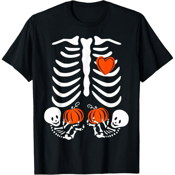 Premium model-Unisex-100% cotton-Pregnant Skeleton Twin Pregnancy Halloween Baby Announcement T-Shirt