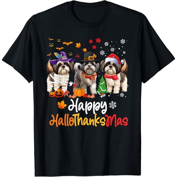 Premium model-Unisex-100% cotton-Shih Tzu Dog Halloween Christmas Happy Hallothanksmas T-Shirt