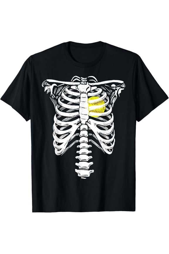 Premium model-Unisex-100% cotton-Softball Heart Skeleton Rib Cage Halloween Love Softball T-Shirt