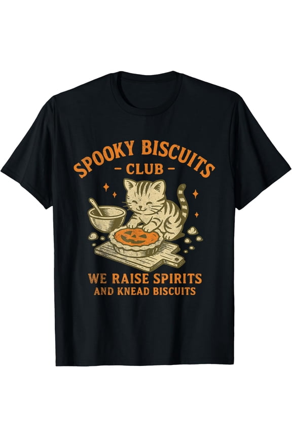 Premium model-Unisex-100% cotton-Spooky Biscuits Club Cat, Funny Halloween Baking Tee T-Shirt