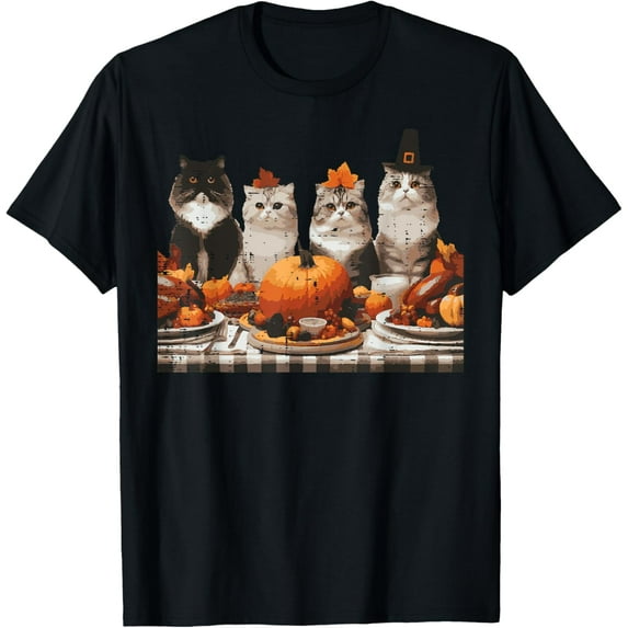 Premium model-Unisex-100% cotton-Thanksgiving Cats Dinner Feast Vintage Fall Men Women T-Shirt