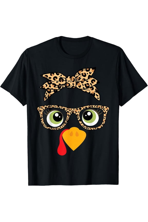 Premium model-Unisex-100% cotton-Thanksgiving Turkey Face Leopard Print Glasses Women Girls T-Shirt
