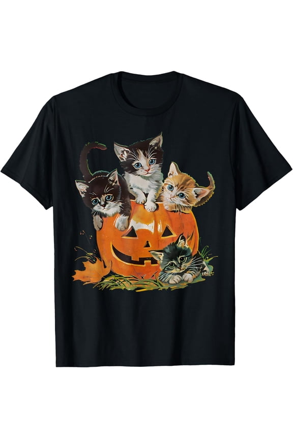 Premium model-Unisex-100% cotton-Vintage 90s Cat Pumpkin Halloween Retro Floral Spooky Season T-Shirt