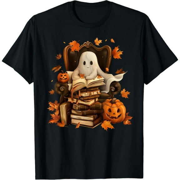 Premium model-Unisex-100% cotton-Vintage Ghost Book Reading Pumpkin Gothic Halloween Teachers T-Shirt