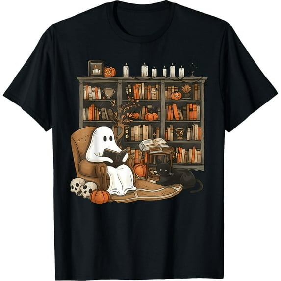 Premium model-Unisex-100% cotton-Vintage Ghost Reading Book Lovers Library Halloween Spooky T-Shirt