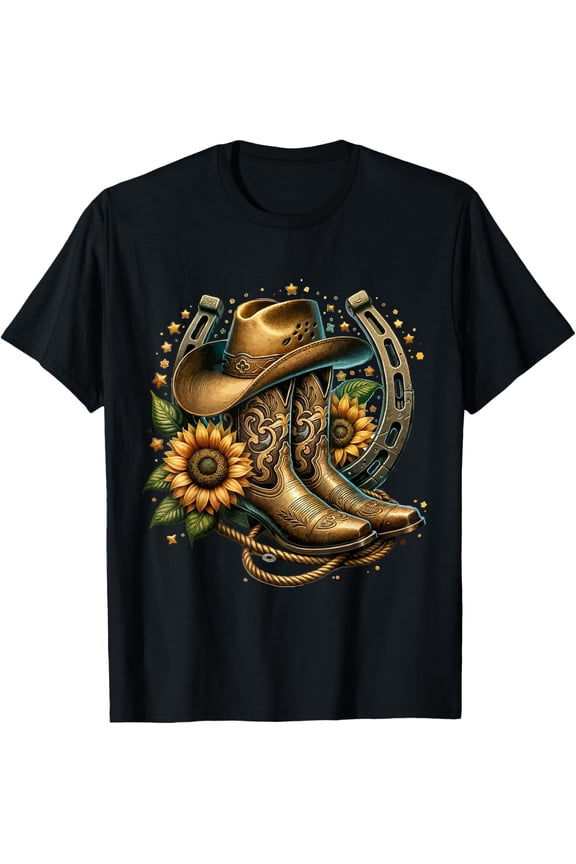 Premium model-Unisex-100% cotton-Vintage Rustic Western Country Cowboy Boot Art Tee - Women's Western Themed Floral Boot, Rope & Hat T-Shirt - Black, Small