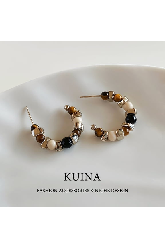 Lad natural tiger eye stone circle earrings female French light luxury design earrings stud earrings jewelry