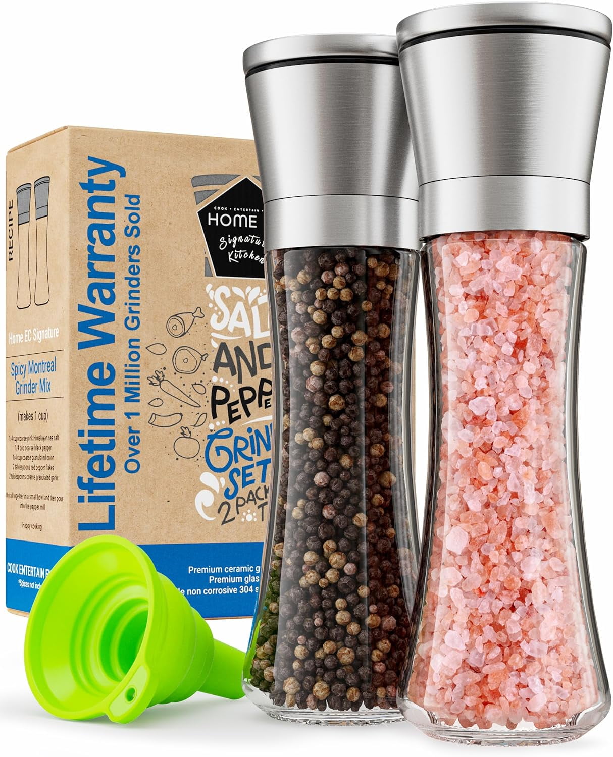 Premium Stainless Steel Sea Salt and Pepper Grinder Set of 2 - Adjustable Ceramic - Tall Glass Salt and Pepper Shakers - Kitchen Spice Mill W/Funnel & EBook