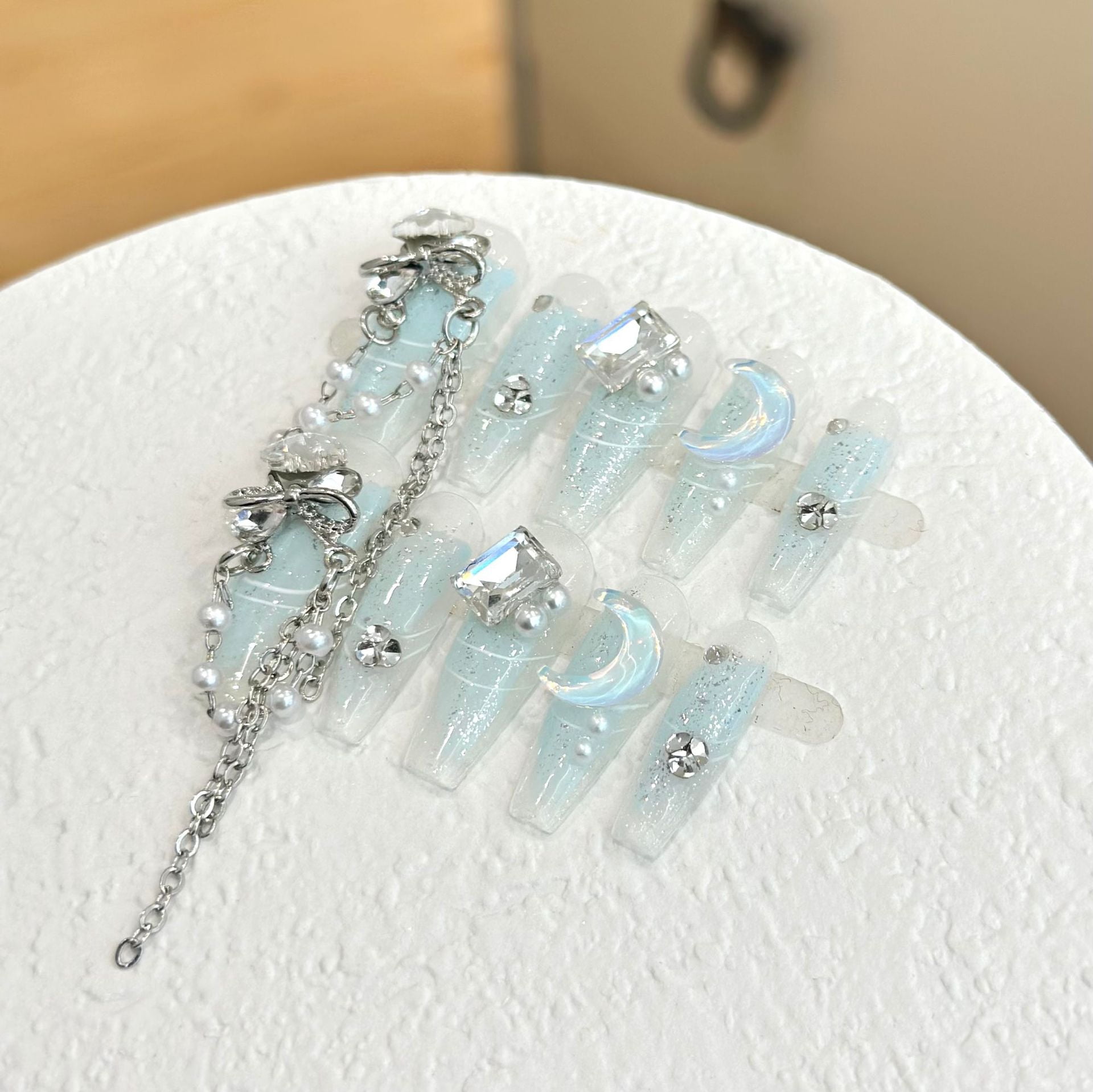 Premium summer handmade wear nail piece blue smudge long nail patch bow pearl big diamond moon