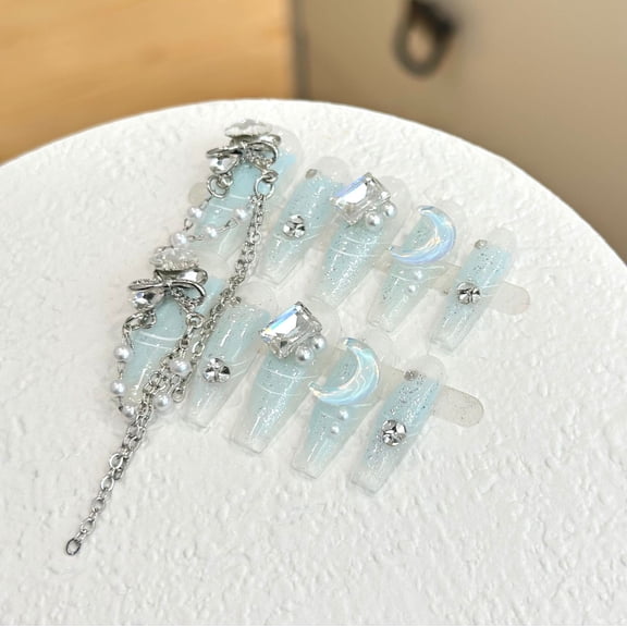 Premium summer handmade wear nail piece blue smudge long nail patch bow pearl big diamond moon
