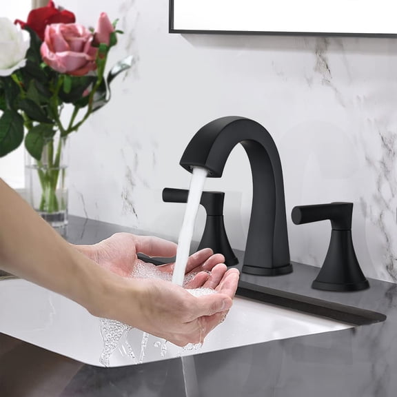 Premium vanity bathroom faucet system,classic dual handle control,convenient temperature adjustment,3-hole countertop mount design and hardware,perfect for modern bathroom vanities,Matte Black