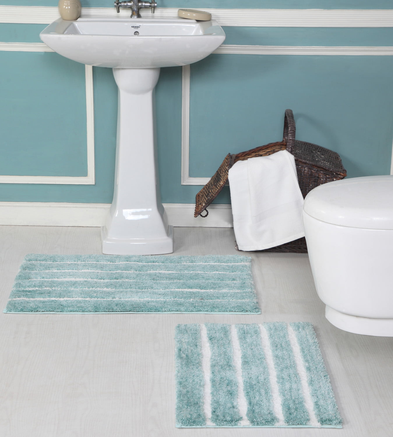 H.VERSAILTEX Turquoise Bathroom Rug, 2 Piece Bathroom Rug Set  Slip-Resistant Extra Absorbent Soft and Fluffy Thick Striped Bath Mat Shag  Floor