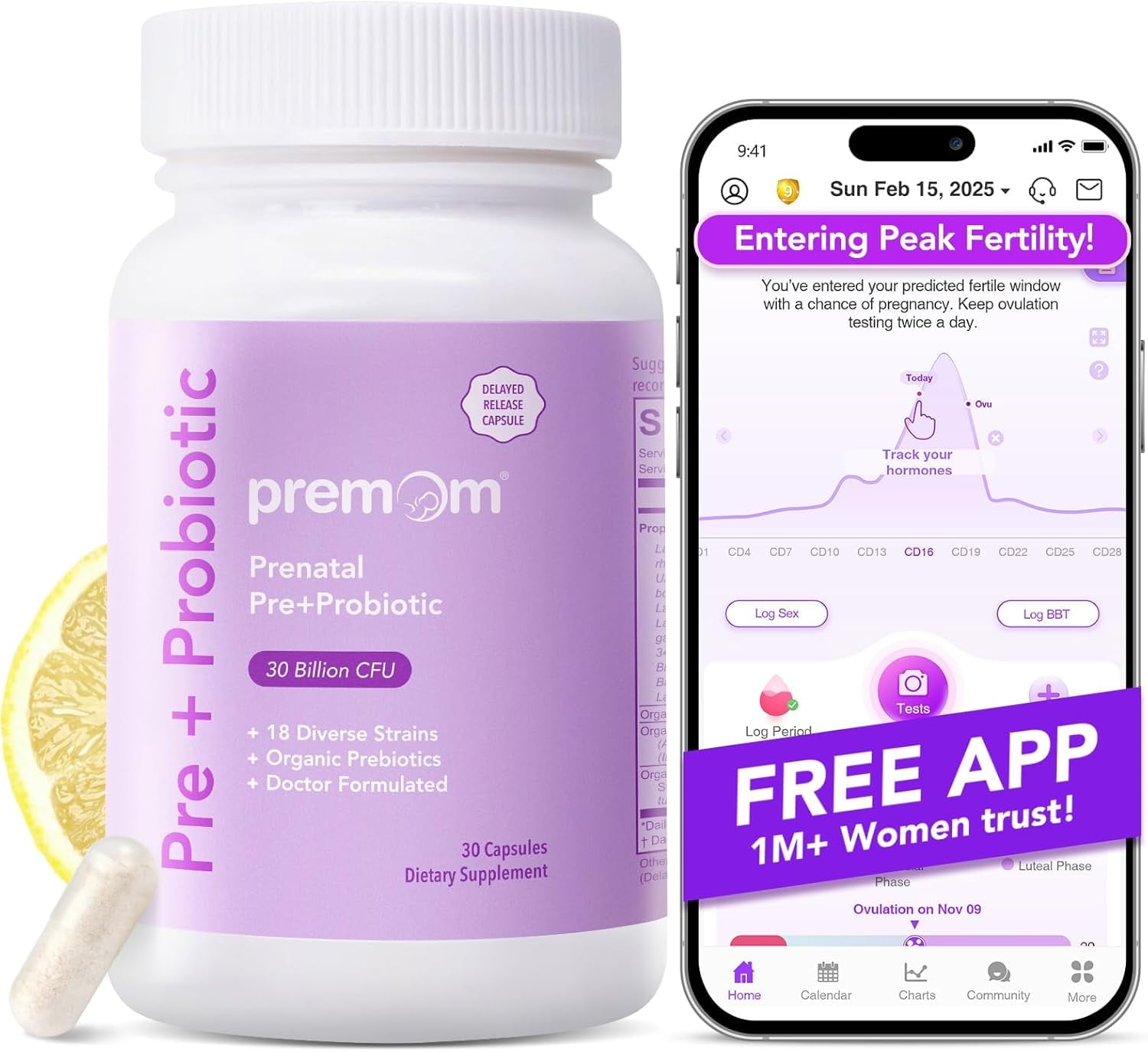 Premom Prenatal Pre & Probiotics for Women: Organic Prebiotics, 30 Billion CFU, 18 Diverse Strains - Supports Digestive, Gut & Immune Health for Mom and Baby - Daily Capsules