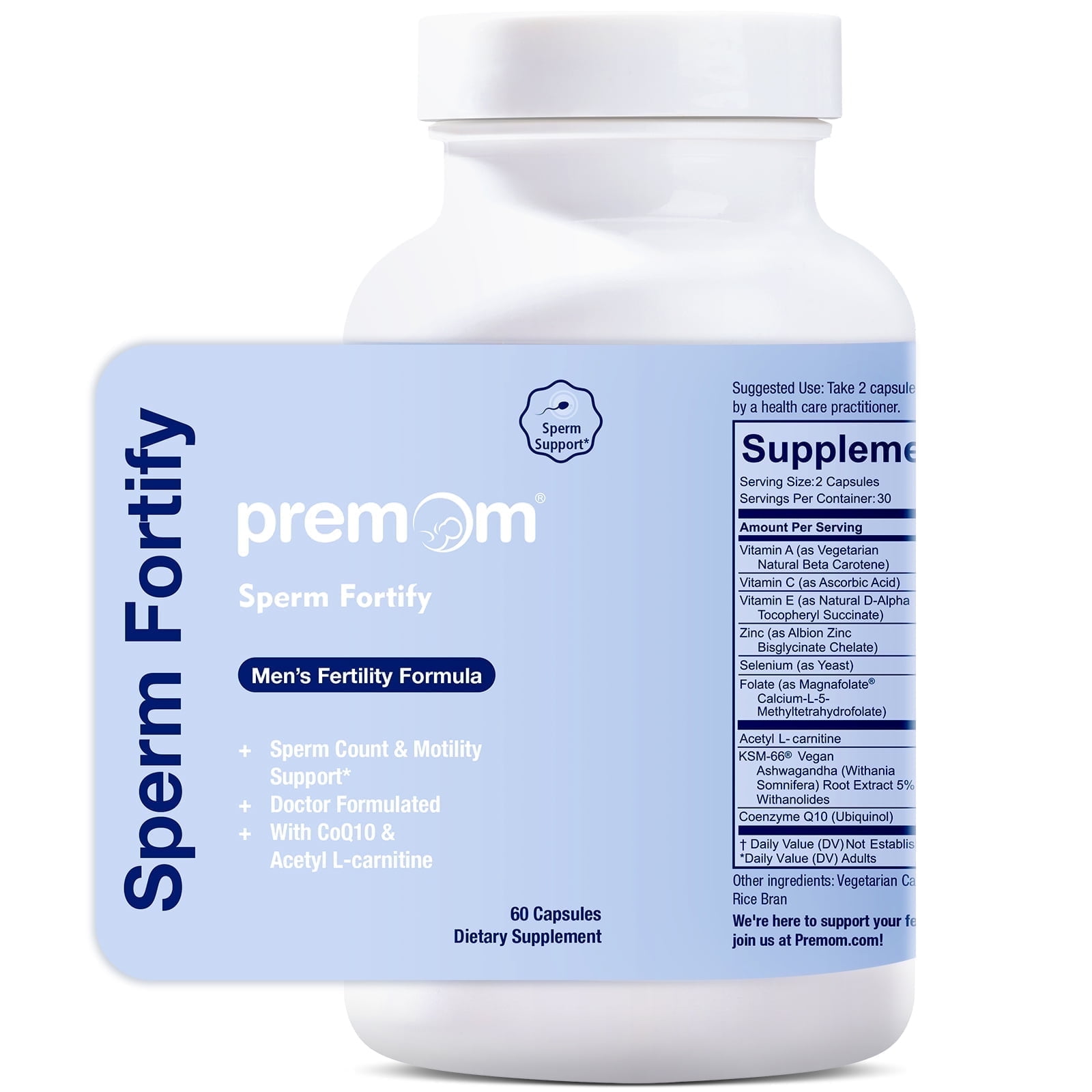 Premom Sperm Fortify  Male Fertility Supplements for Men with KSM-66 Vegan Ashwagandha, CoQ10 as Ubiquinol, Zinc, Selenium&Acetyl-L-carnitine | Supports Sperm Health, Motility & Count