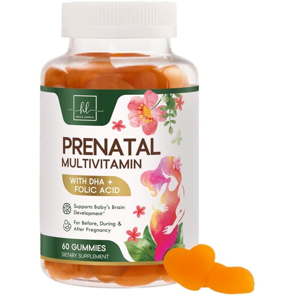 Prenatal Vitamins for Women  Complete Pregnancy Multivitamin - Folic Acid, Omega 3 DHA, Choline, Vitamin D  Essential Support for Mom's & Baby Brain Development - Tasty Orange Flavor - 60 Gummies