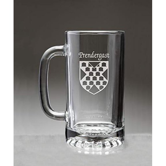 Prendergast Irish Coat of Arms Glass Beer Mug (Sand Etched)