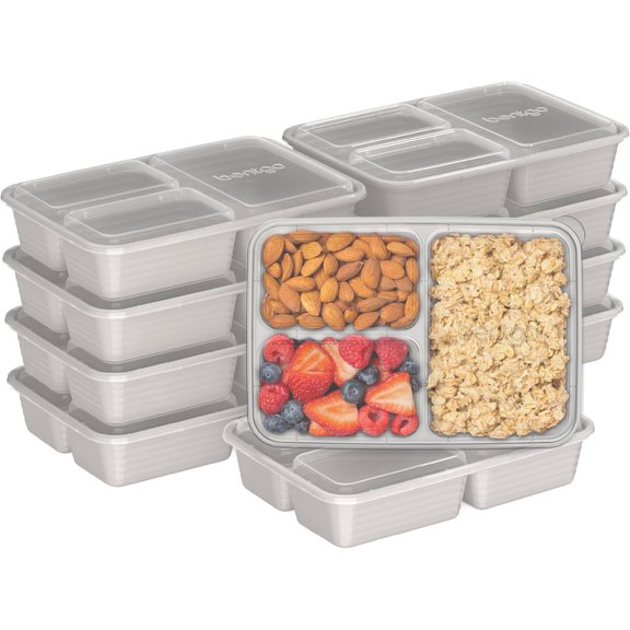 Prep - 20-Piece 3-Compartment Reusable Meal Prep Containers with Lids, PFAS & BPA Free Materials, Durable, Microwave, Freezer, & Dishwasher Safe To Go Food Storage (Stone Gray)