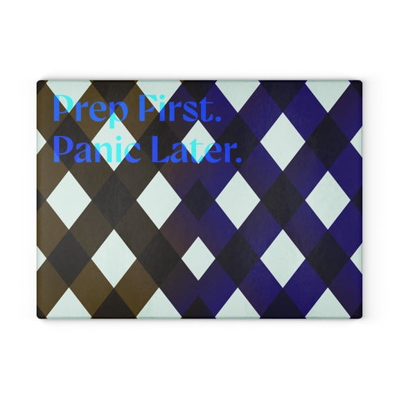 Prep First Panic Later Glass Cutting Board, 11x15 Inch Tempered Glass Kitchen Board, Modern Harlequin Diamond Pattern with Non-Slip Base, Durable Prep & Serving Surface