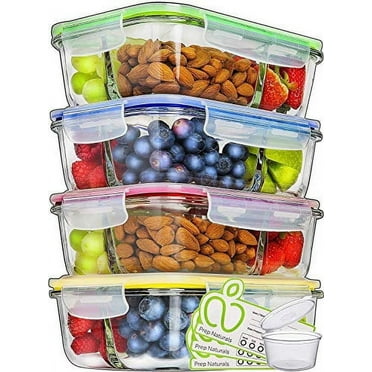 Prep Naturals - Glass Food Storage Containers - Meal Prep Container - 4 Packs, 3 Compartments, 34 Oz
