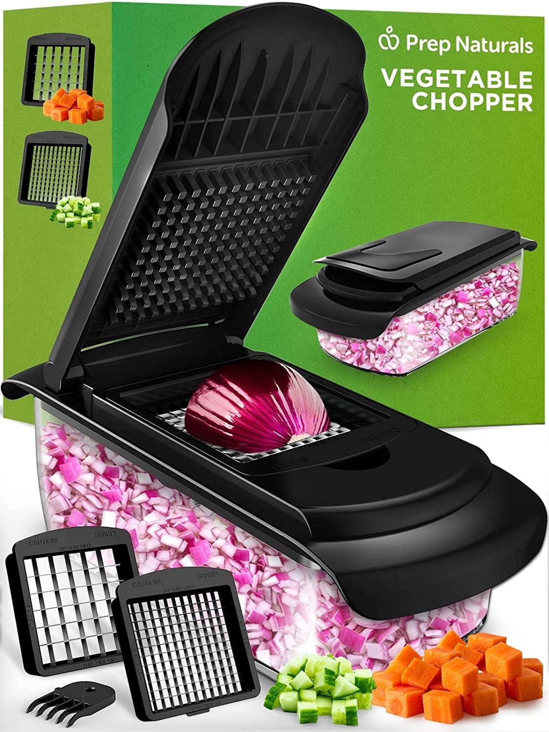Prep Naturals 4 in 1 Vegetable Chopper, Veggie Chopper, Vegetable Cutter, Food Chopper & Onion Chopper - Chopper With Container Black