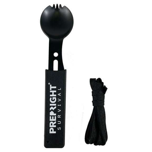 Prep-Right - Multipurpose Spork, Utility Knife, Spoon, Fork, Bottle Opener, and Whistle for Camping Gear and Survival Kits, Use for Hiking and Backpacking, Stainless Steel, Black